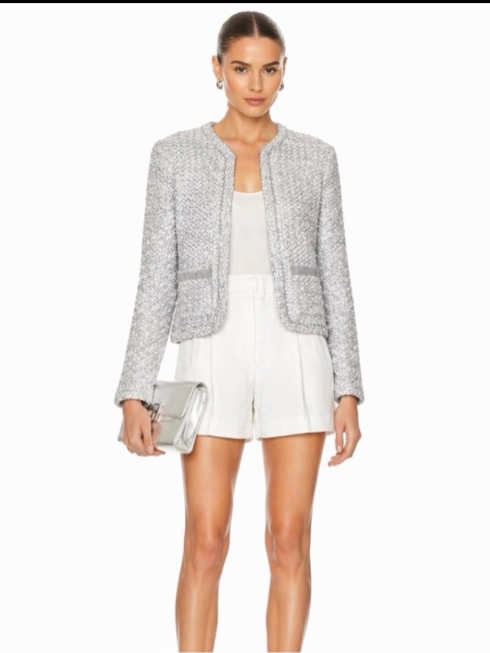 🩶🩶🩶 Maje Silver Metallic Textured Knit Jacket / Cardigan – Size 0 🩶🩶🩶
